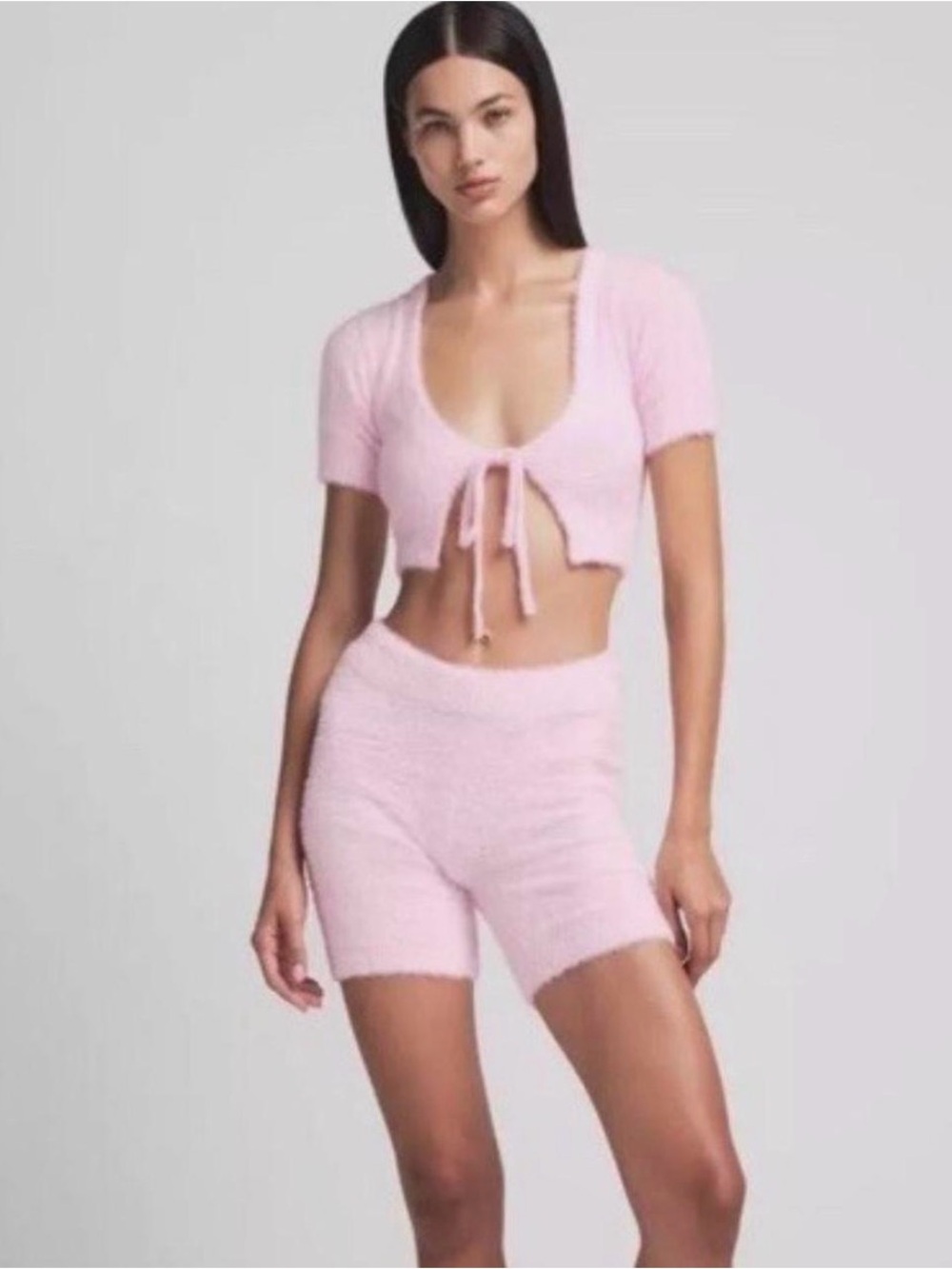 SKIMS Pink Tie-Front Crop Top & High-Waist Shorts Set
